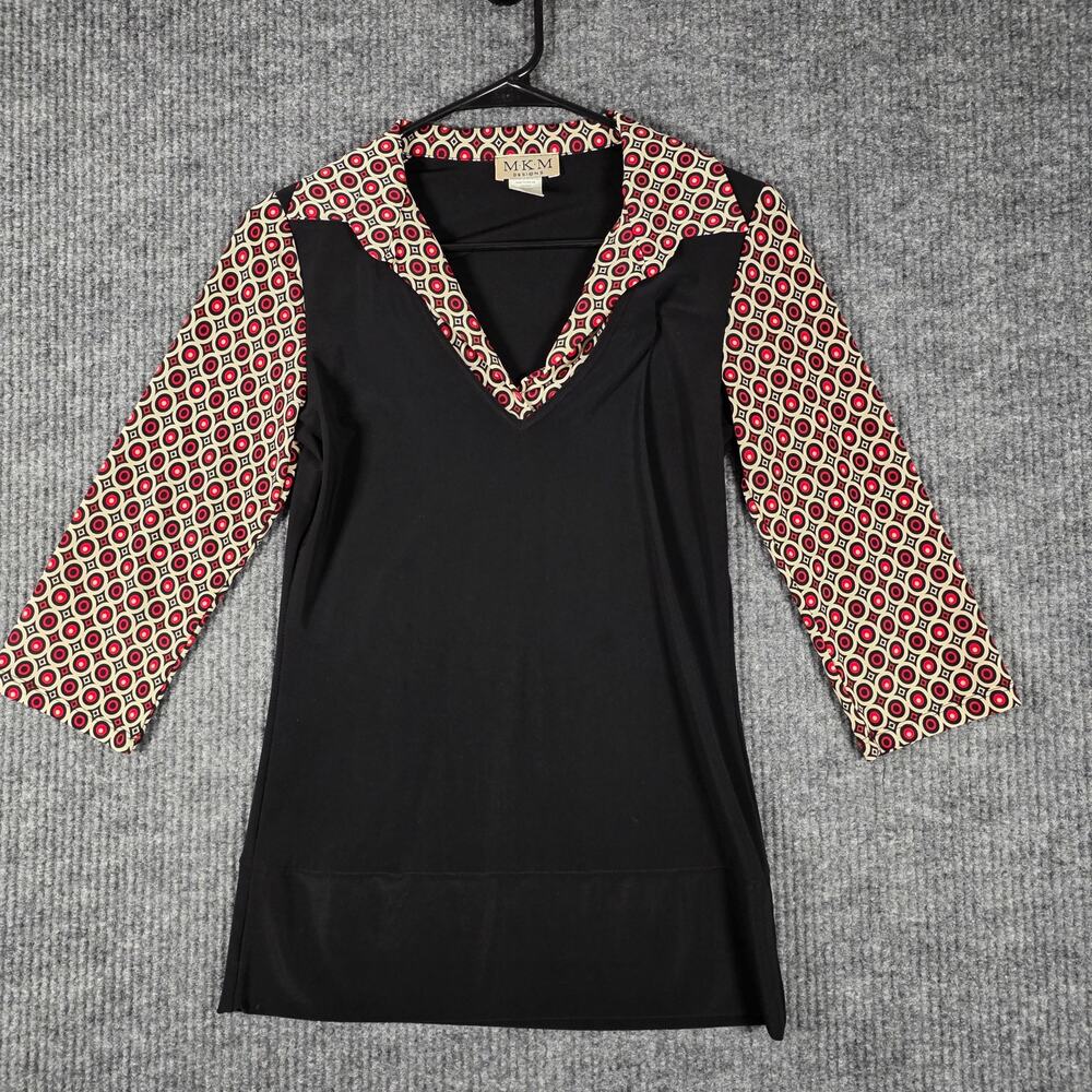 MKM Designs M Black Geometric Print Tunic Top 3/4 Sleeve V Neck USA